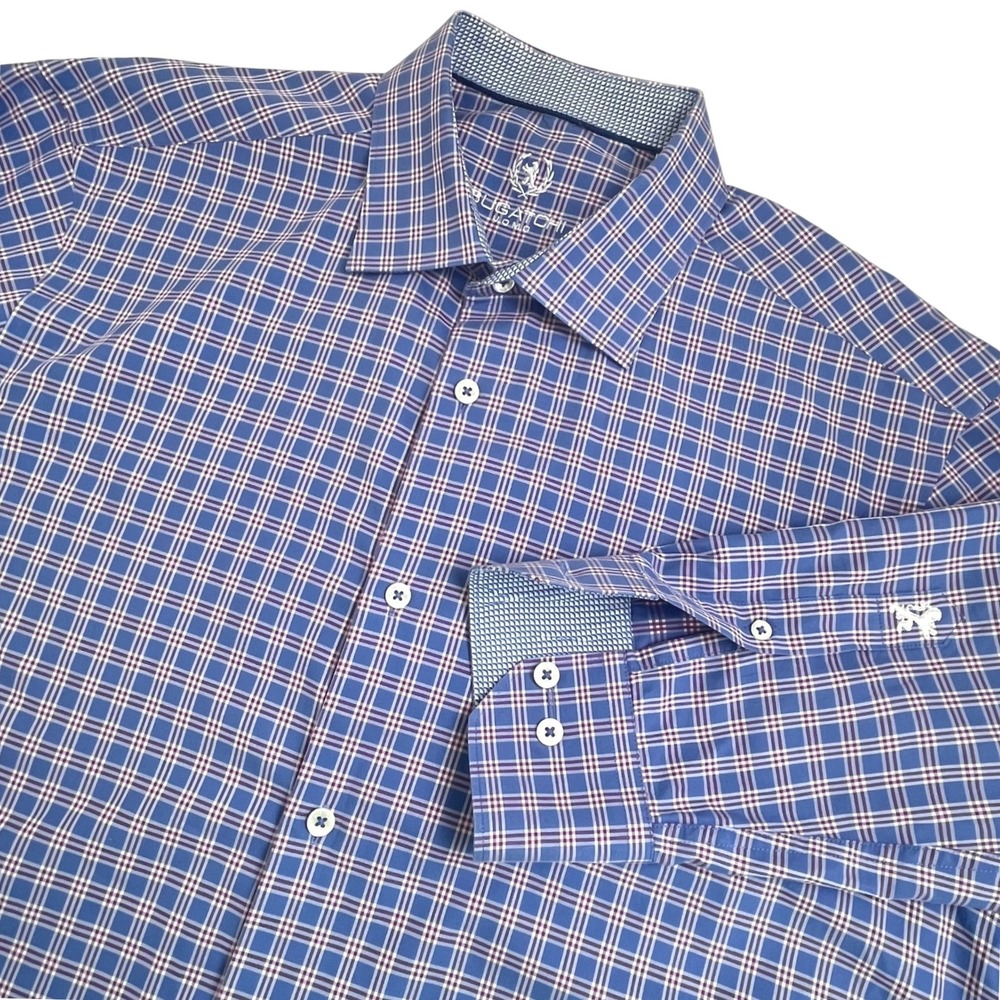 Bugatchi Uomo Men Dress Shirt 17 34/35 Blue Purple Grid Check Long Sleeve Cotton